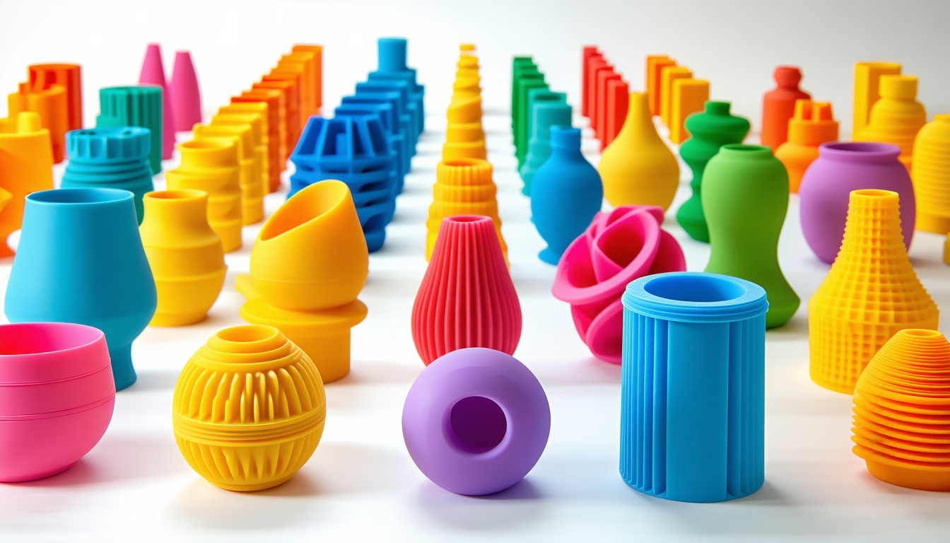 Array of colorful, finished 3D printed products